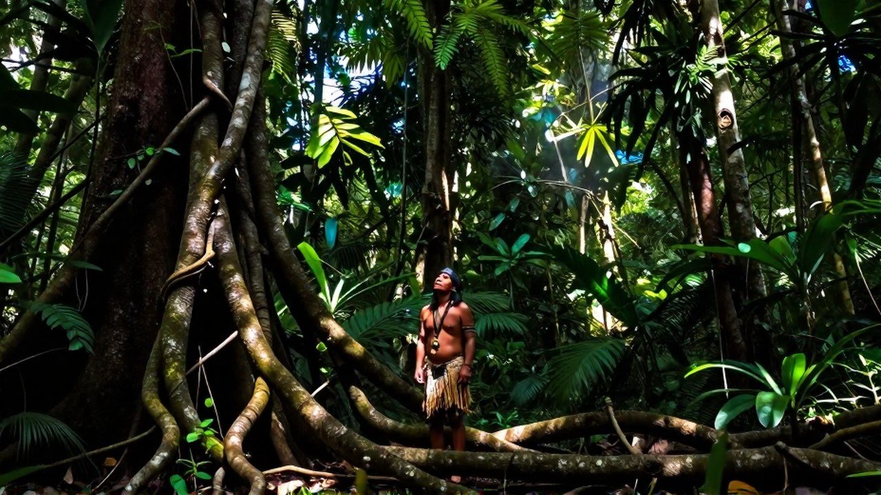 Chamán amazónico en la jungla contemplando una enredadera vital que rodea antiguas raíces.