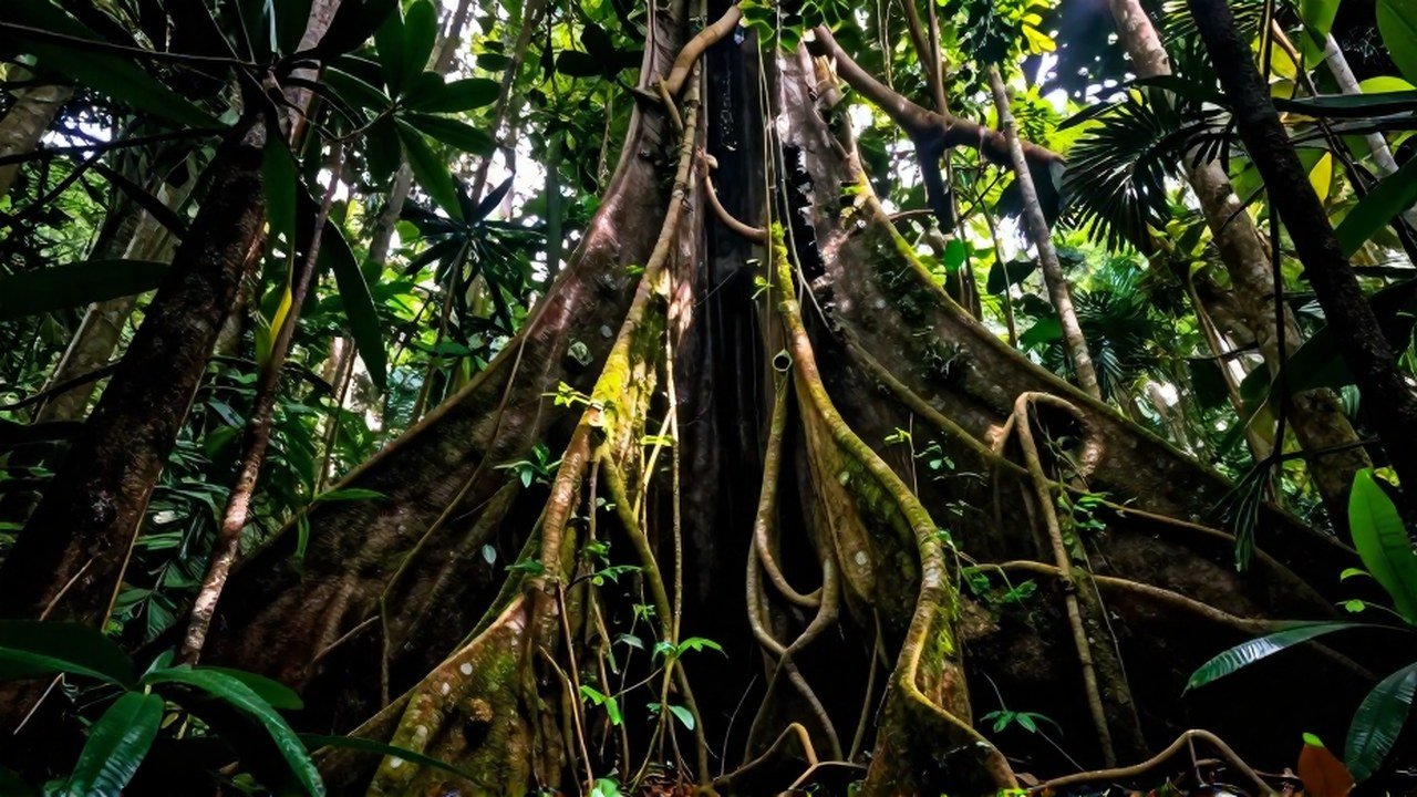 Una criatura mítica colosal, hecha de raíces y vides, domina la selva profunda del Amazonas.