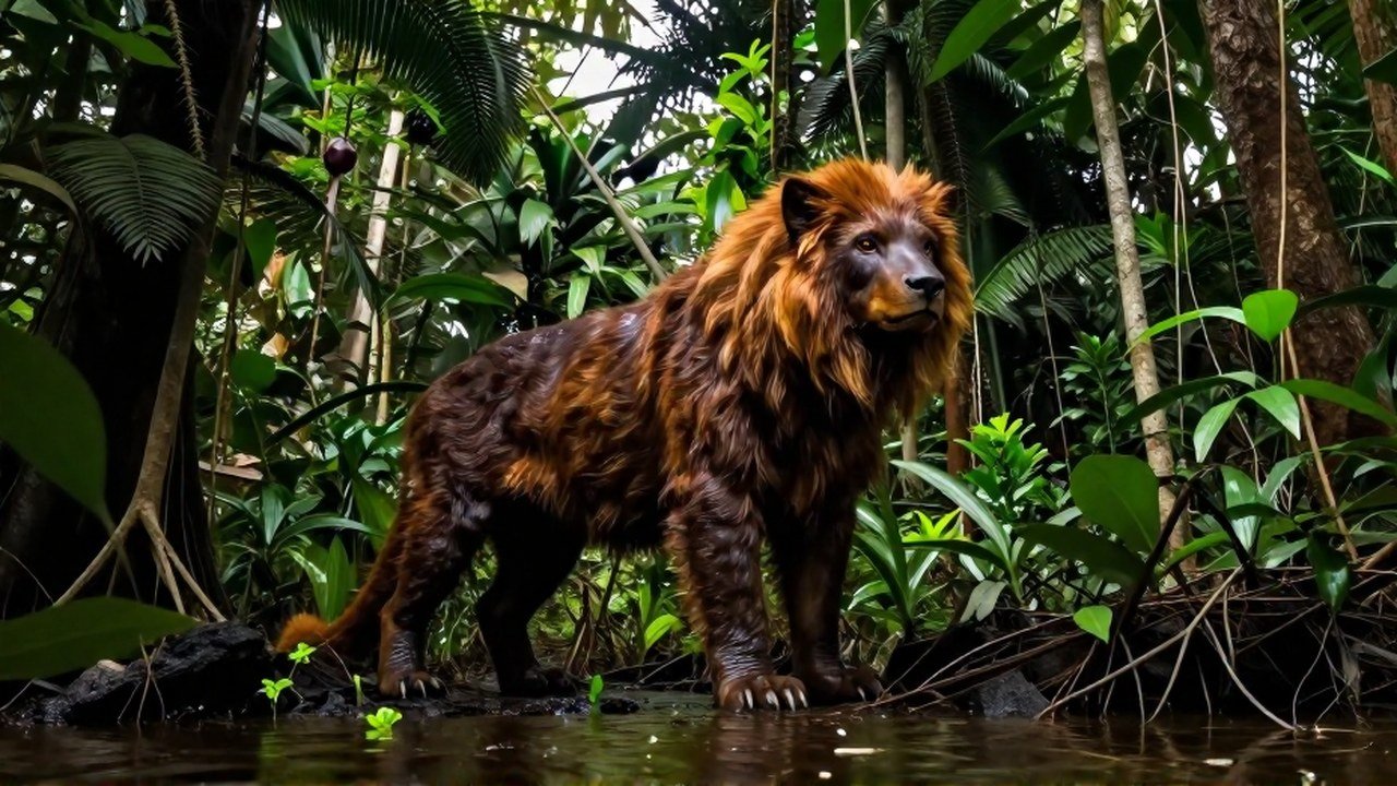 Aguará Guazú erguido en un denso hábitat de humedal tropical.