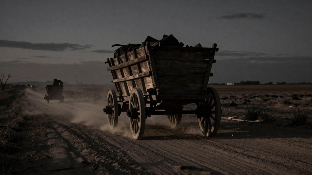 Un antiguo carro de madera cargado de objetos avanza lentamente por una carretera desolada al crepúsculo.