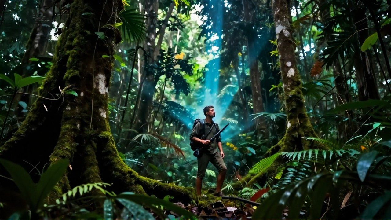 Cazador en selva sudamericana densa, detenido en la caza bajo una fuerte luz azul y verde.