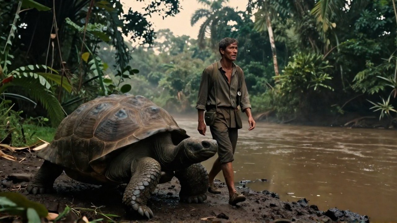 Un cazador cansado camina junto a una enorme tortuga gigante en un paisaje húmedo de selva.