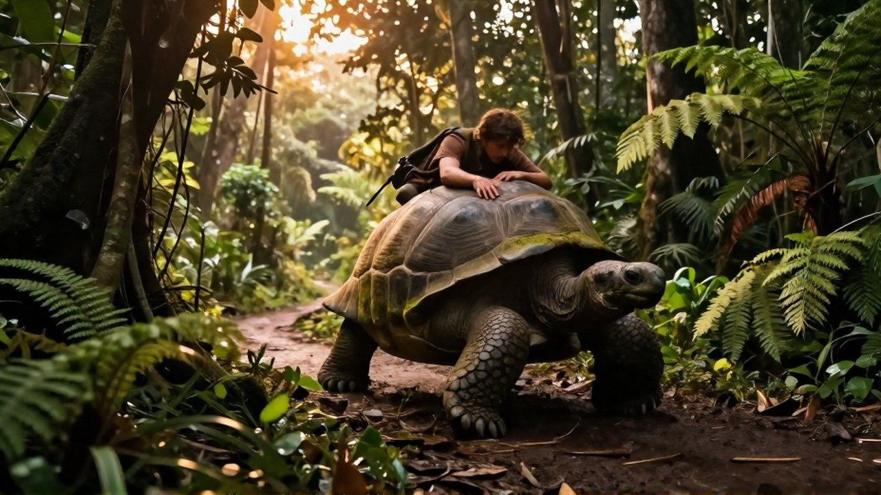 Tortuga gigante llevando a un cazador a través de un denso paisaje selvático.