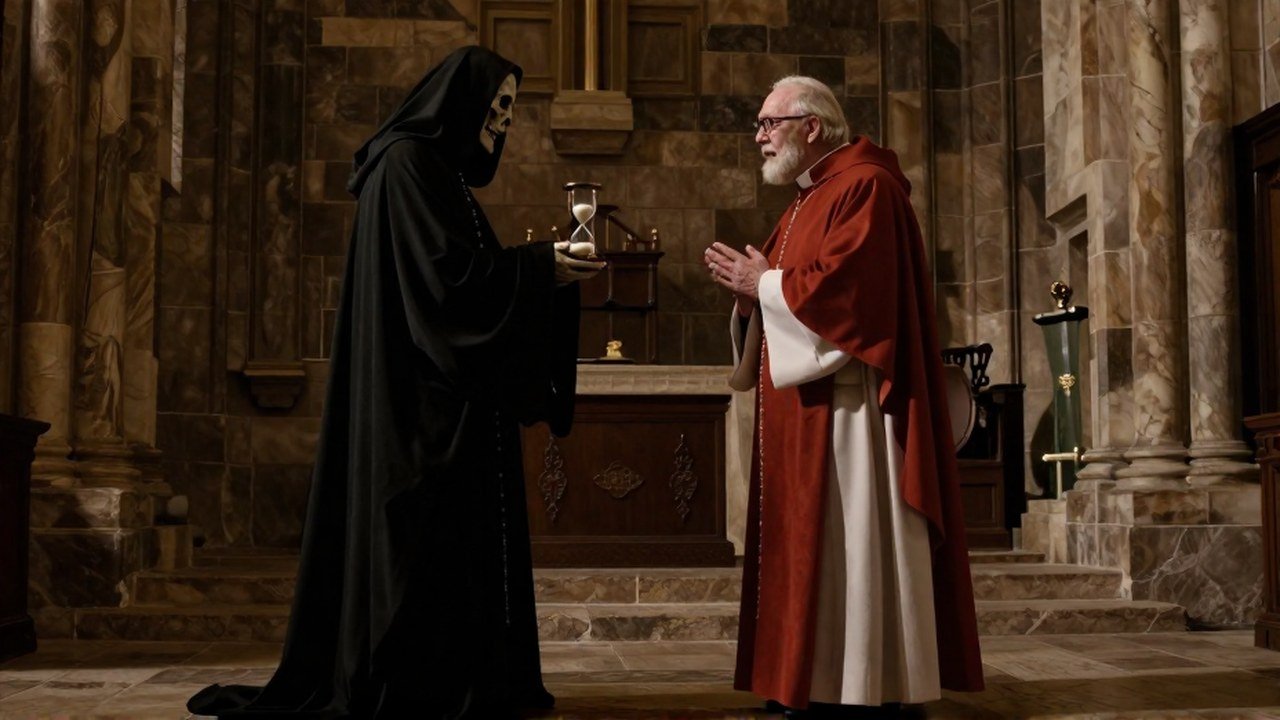 Sacerdote negociando solemnemente con la Muerte en una capilla de piedra, con un reloj de arena.