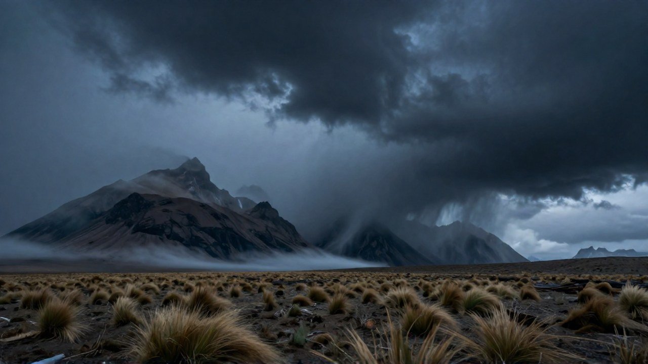 Montes rocosos en la estepa patagónica, envueltos en niebla densa bajo un cielo turbulento.