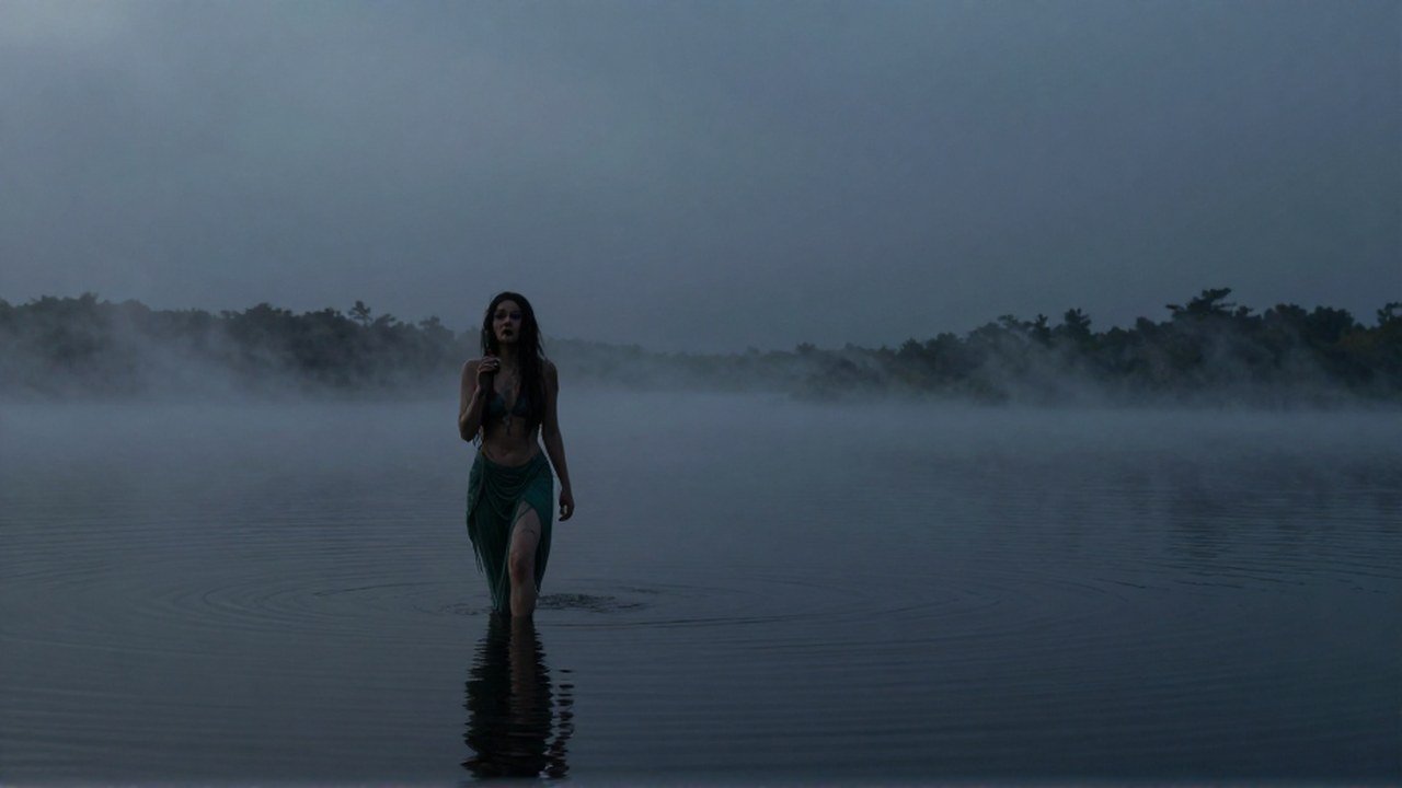 Sirena melancólica vagando sola por la bruma de un vasto lago al anochecer.