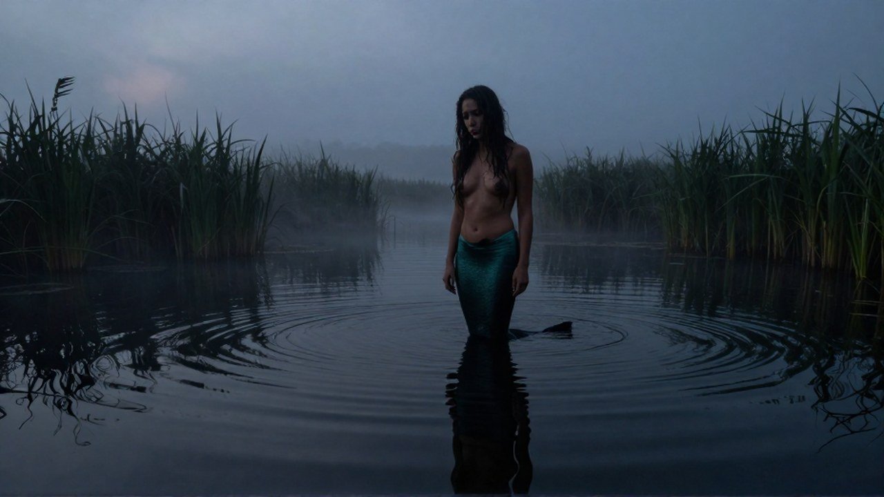 Sirena solitaria, Huachachina, en una laguna brumosa al anochecer, reflejando su profunda melancolía.
