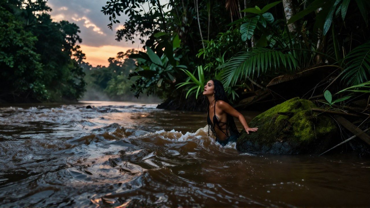 Sirena Iara junto a un río amazónico al crepúsculo, inclinándose sobre las turbias aguas.