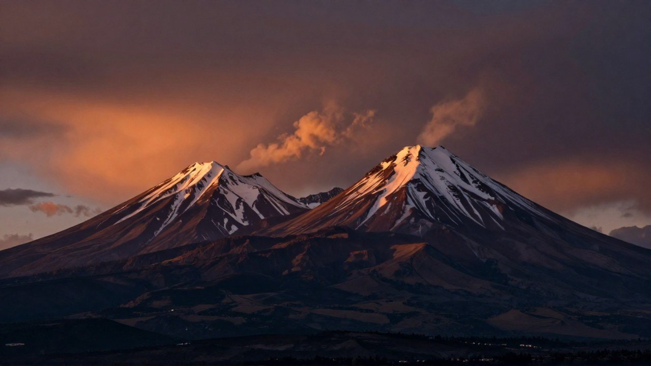 Dos volcanes nevados se alzan en la alta montaña al atardecer, emitiendo humo de la cima central.