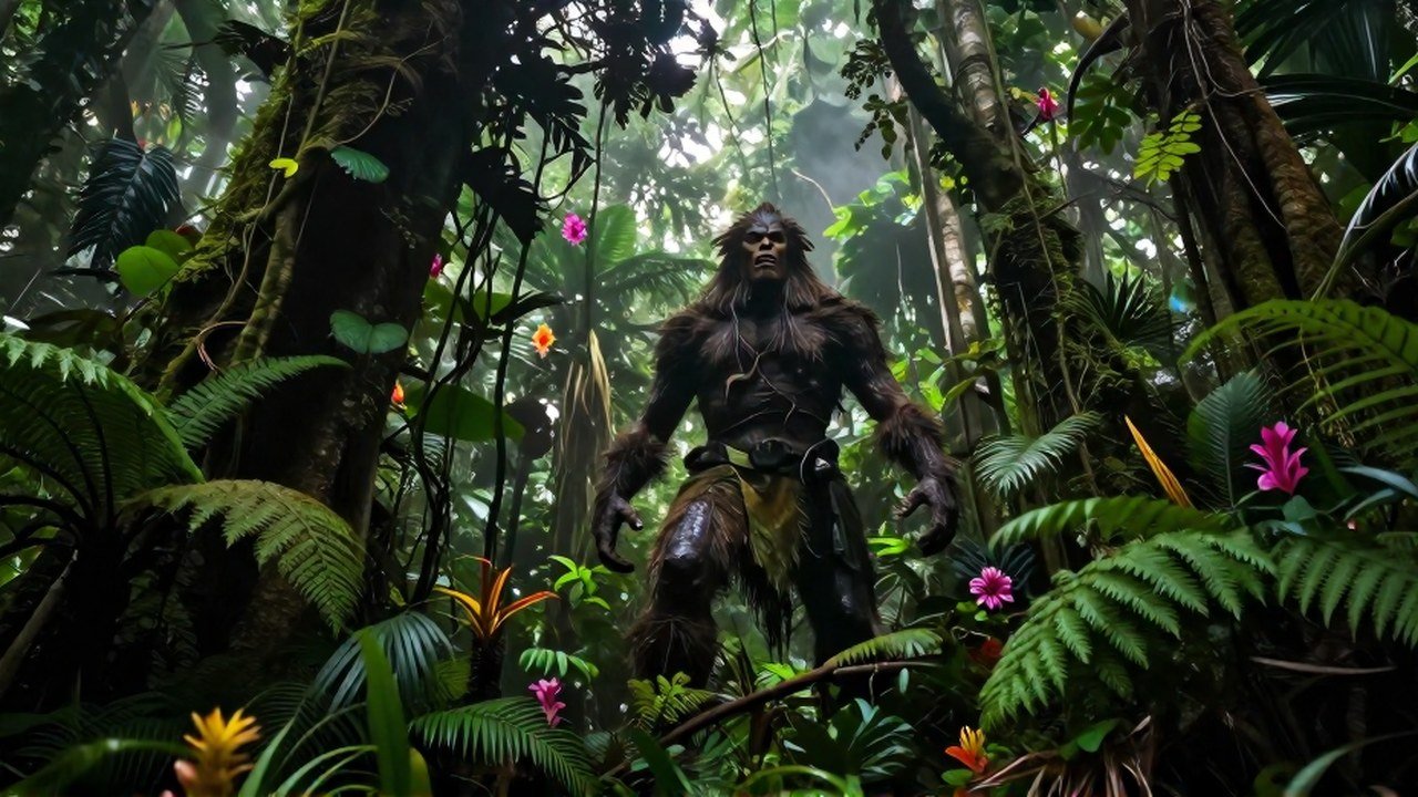 Figura humanoide imponente de pie en una densa y exuberante selva tropical montañosa.