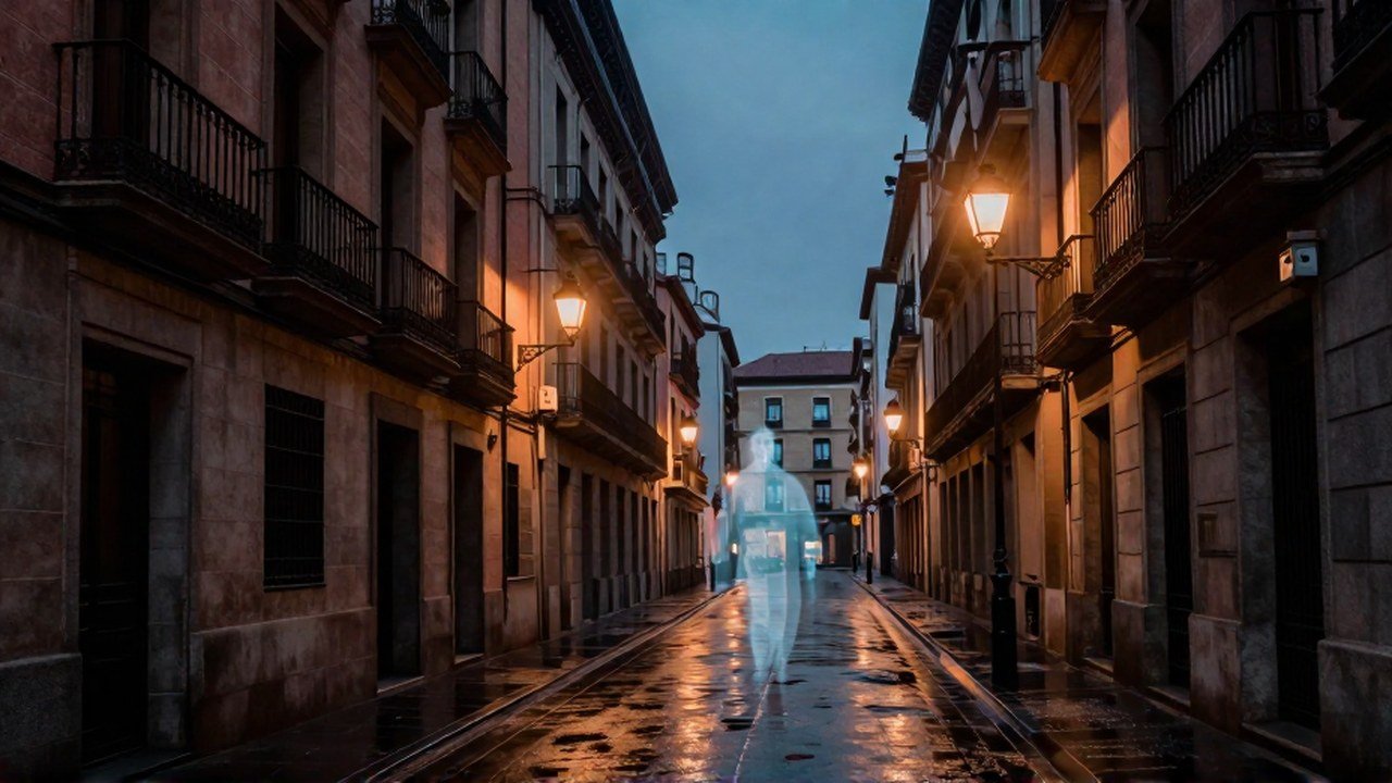Una figura espectral etérea aparece cerca de un balcón en una calle histórica de Madrid.