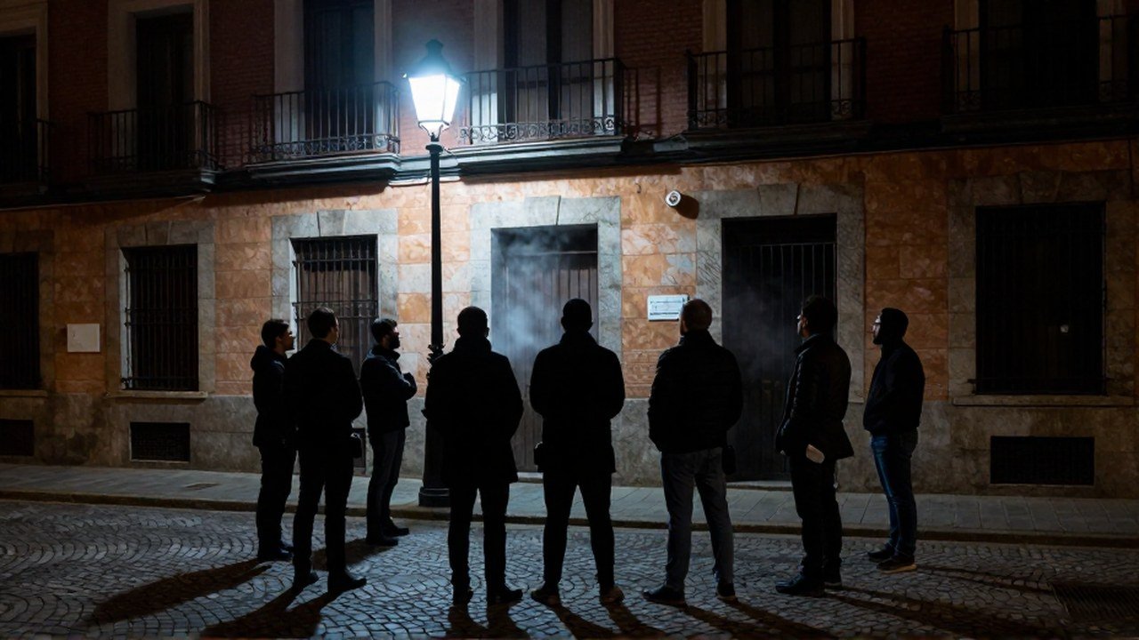 Grupo de investigadores paranormales en un barrio de Madrid buscando una presencia espectral en una calle antigua.