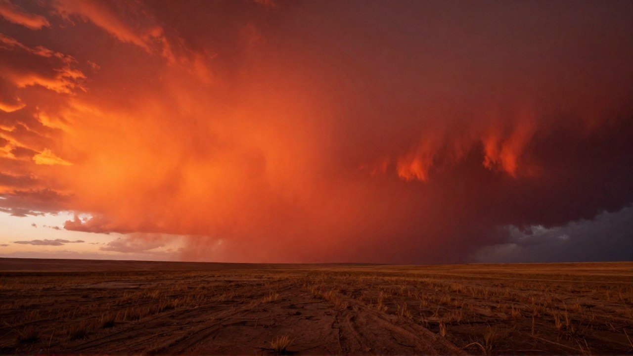 Vastas planicies secas bajo un poderoso cielo atmosférico con tonos rojizos y anaranjados intensos.