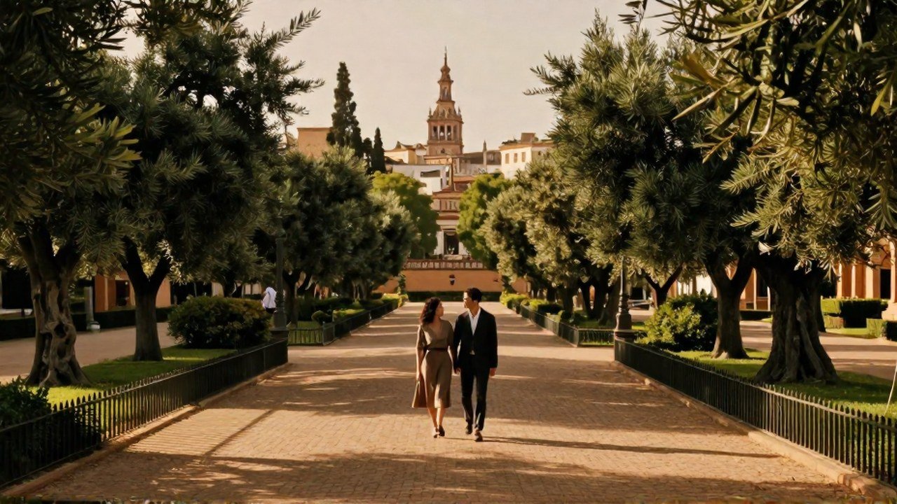 Pareja elegante caminando por un sendero arbolado en un gran parque de Sevilla, con elementos de la ciudad al fondo.