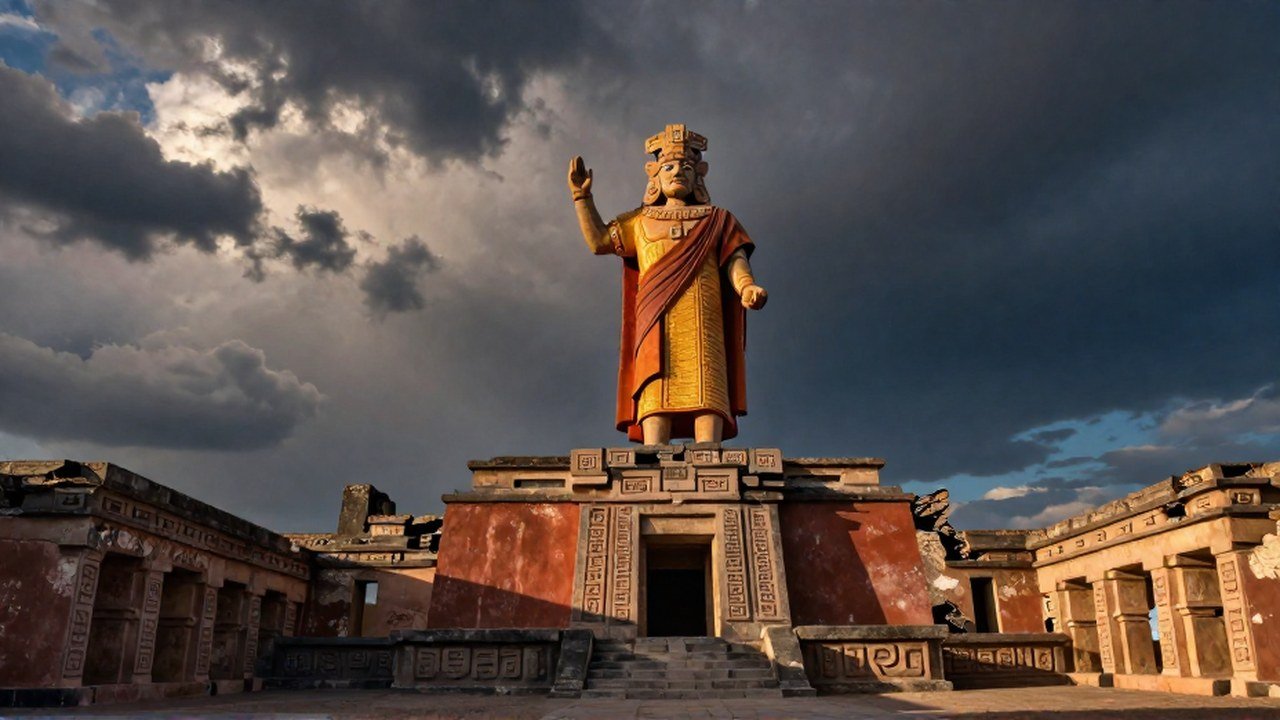 Figura ceremonial andina en ruinas monumentales de Lambayeque bajo un cielo dramático.