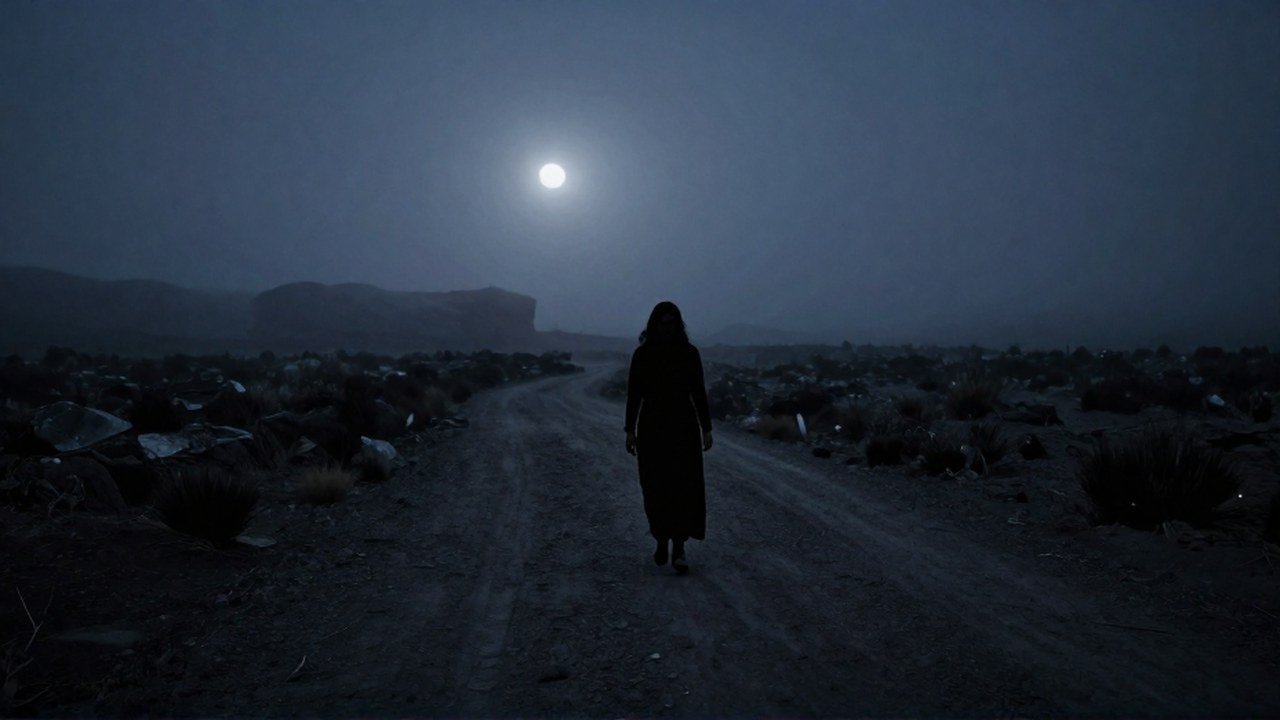 La figura espectral de La Llorona camina por una desolada carretera rural de Chile al anochecer.