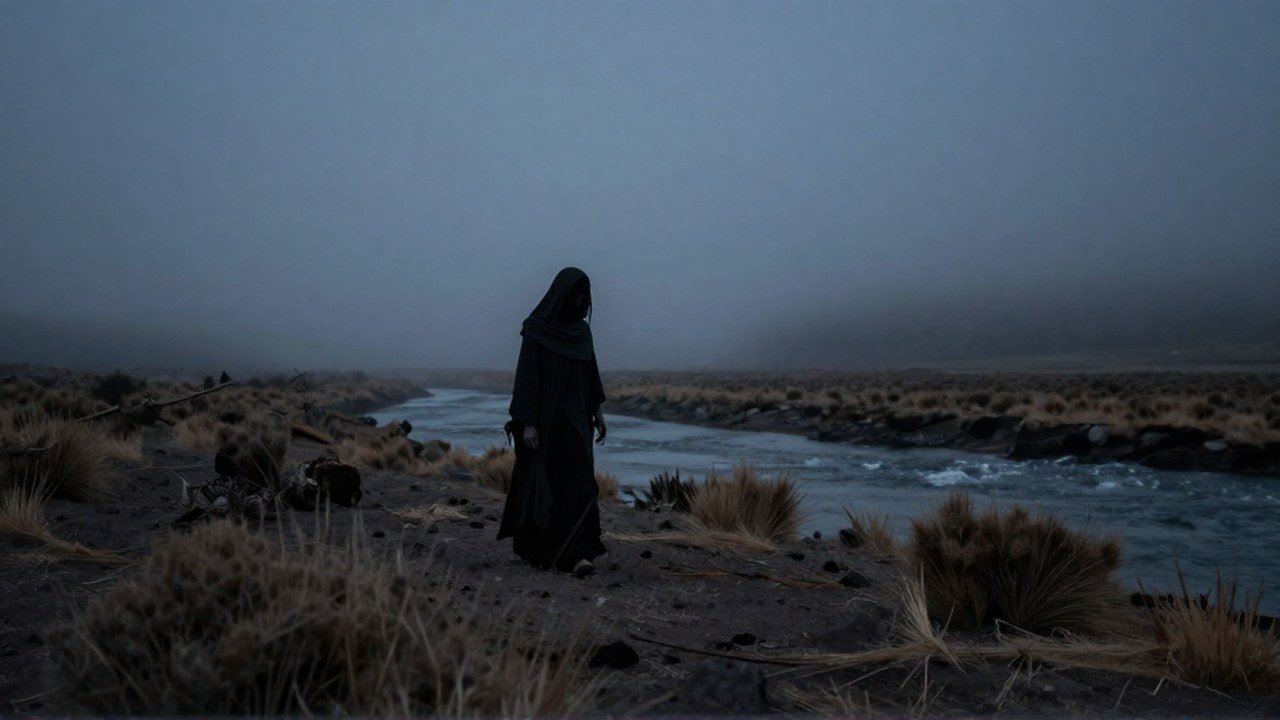 Silueta etérea y triste que recuerda a La Llorona atraviesa un paisaje chileno brumoso al atardecer.