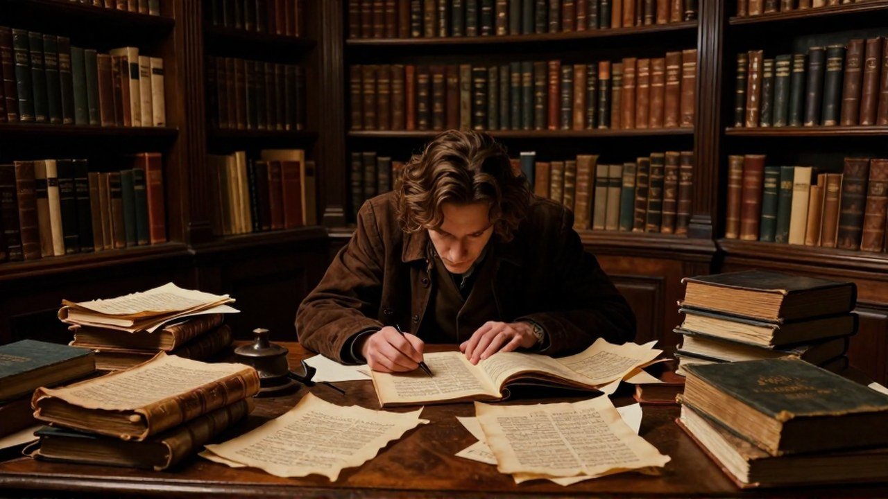 Una figura revisa manuscritos y pergaminos antiguos sobre un escritorio en los archivos de una biblioteca.