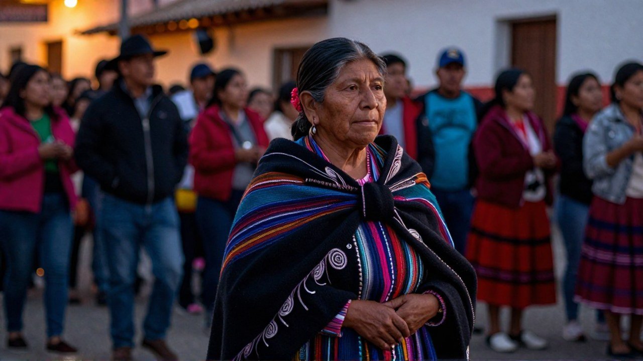 Mujer ecuatoriana, vestida como viuda tradicional, en una celebración comunitaria que simboliza la transición.