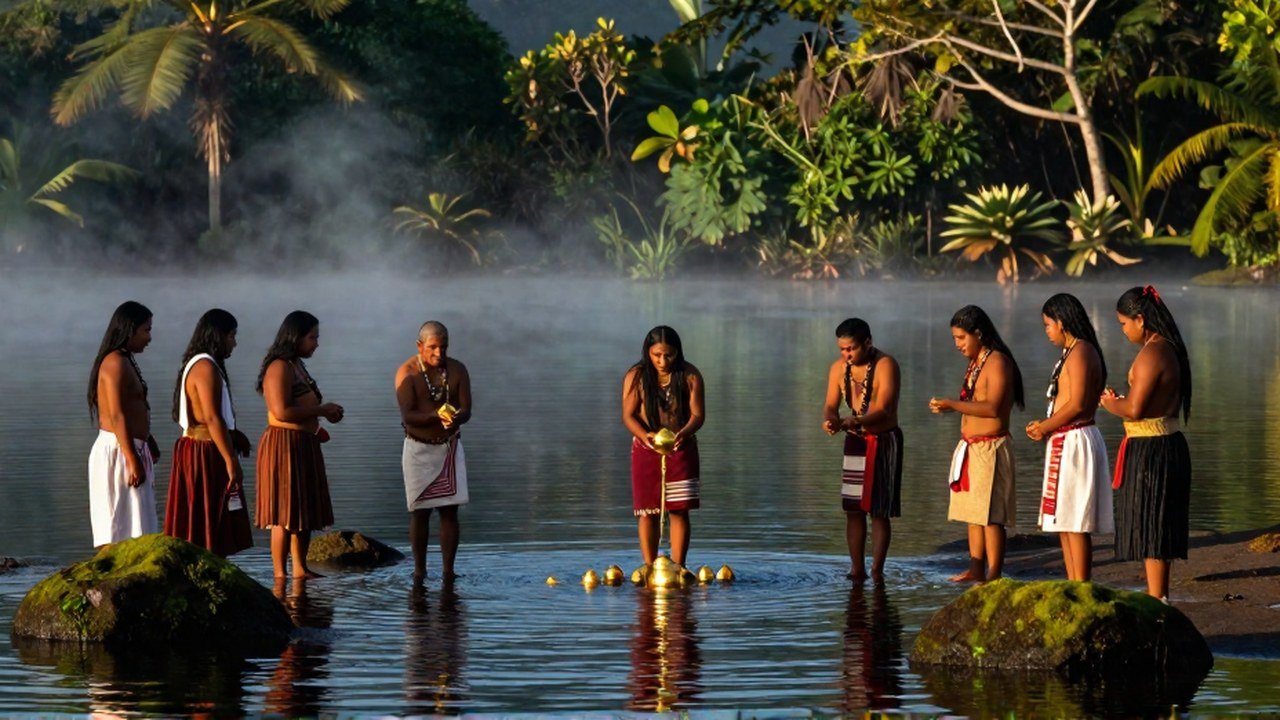 Una figura en ritual de El Dorado arroja oro a la tranquila laguna ancestral Muisca.