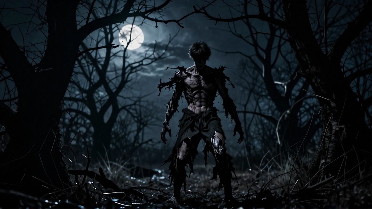 Hombre joven sufriendo una transformación a bestia en un entorno desolado y arbolado.