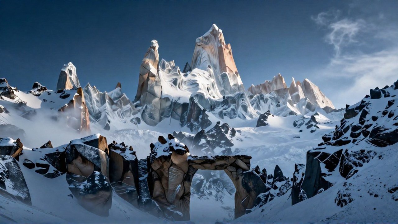 Colosales figuras elementales de nieve y piedra custodian los picos nevados en los Andes.