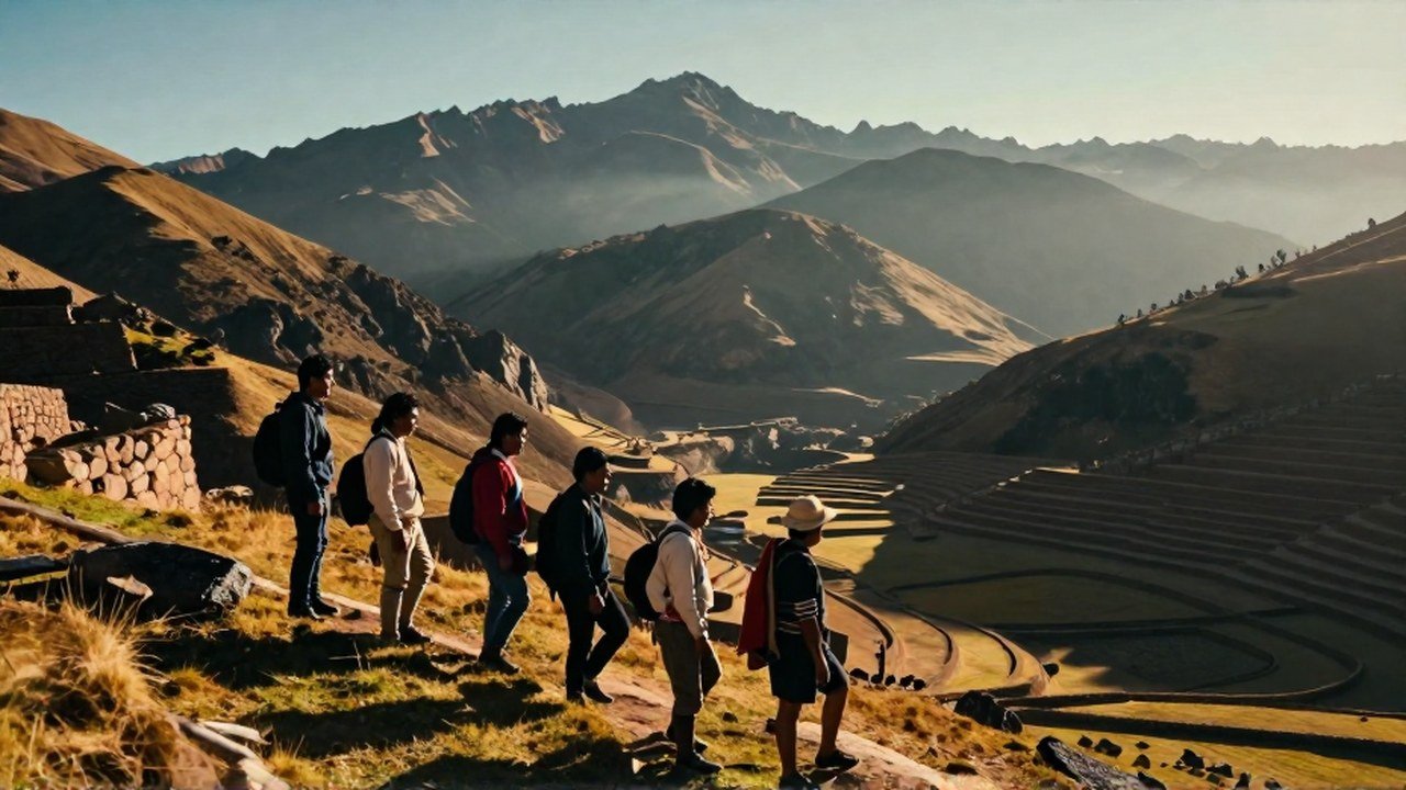 Un grupo de hombres indígenas, simbólicos de los Hermanos Ayar, contempla el vasto paisaje montañoso de los Andes.