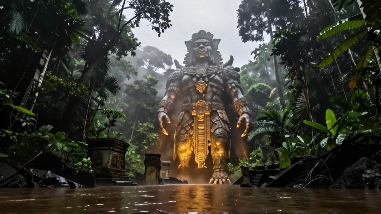Criatura colosal emergiendo de la jungla del Orinoco junto a ruinas ancestrales sumergidas.