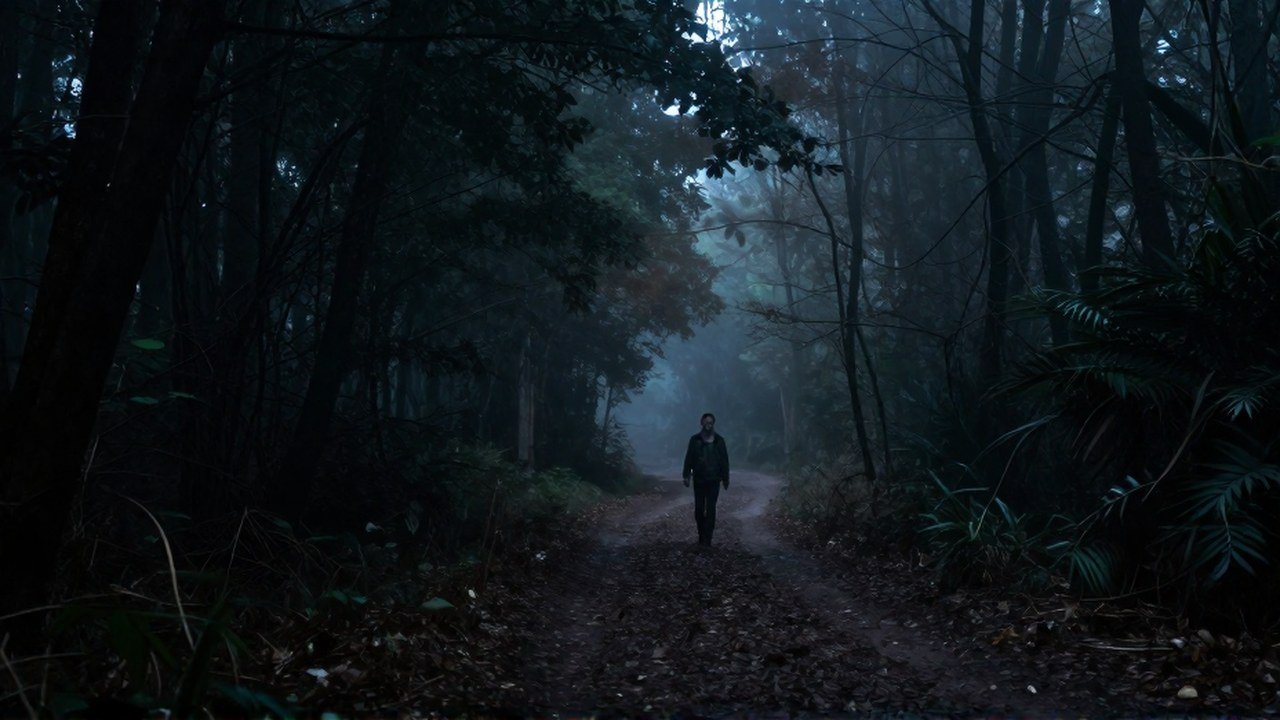 Figura solitaria camina por un sendero brumoso en el bosque, percibiendo una figura etérea distante.