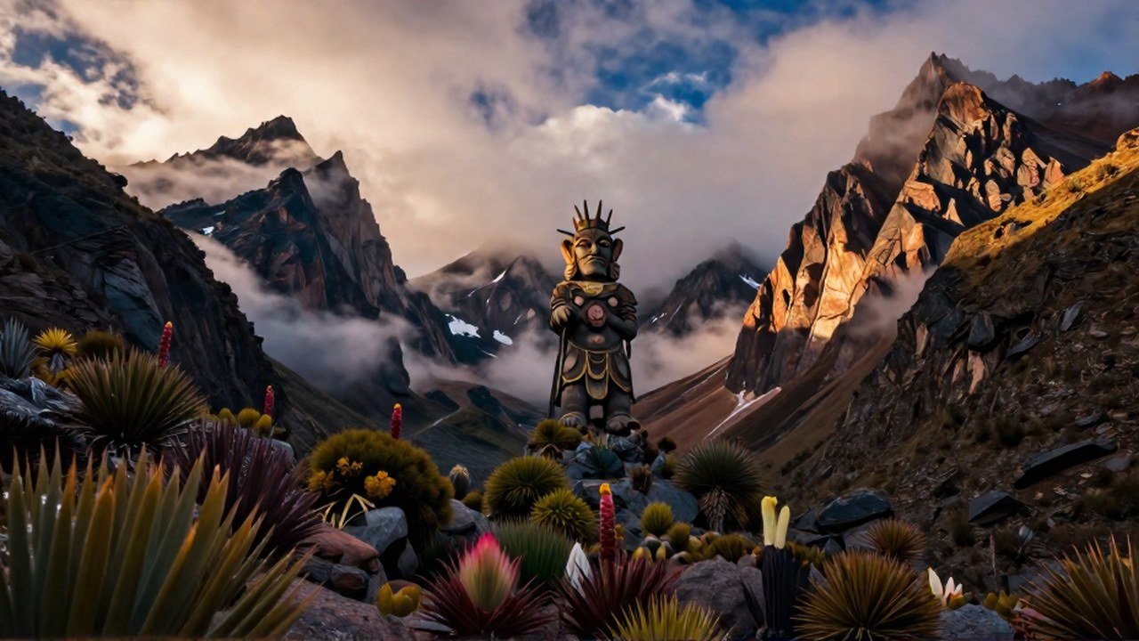 Figura que representa un guardián se alza en un dramático paisaje de las montañas del Andes bolivianos.