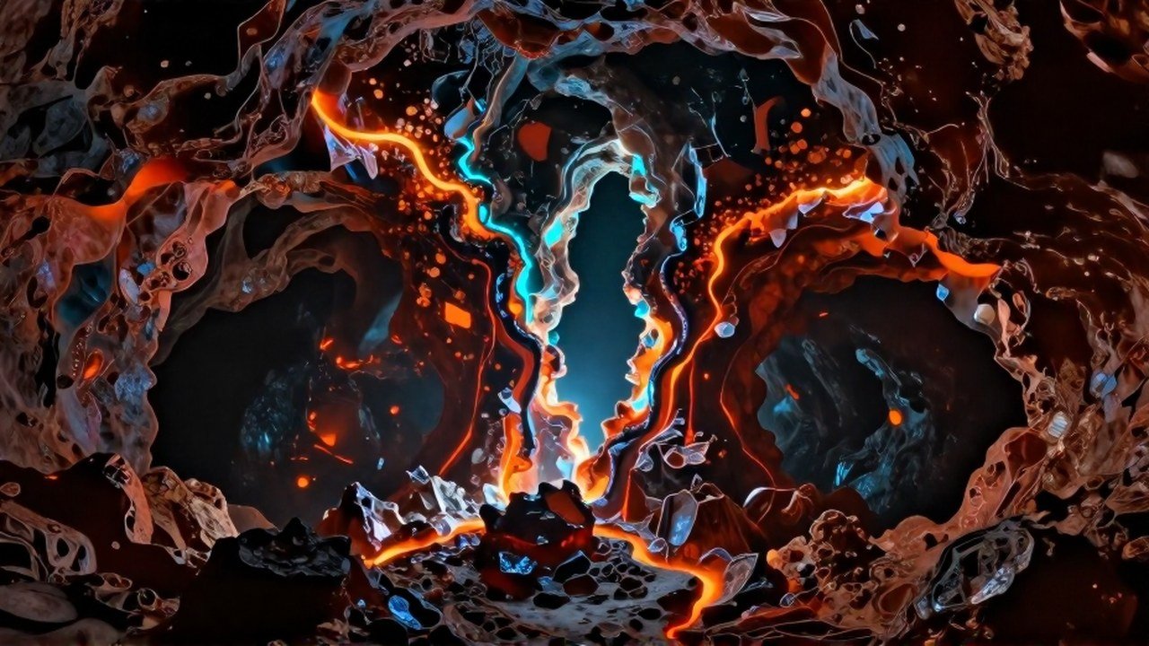 Formación geológica primordial en el subsuelo, dividiéndose en dos canales que representan un acto de génesis.