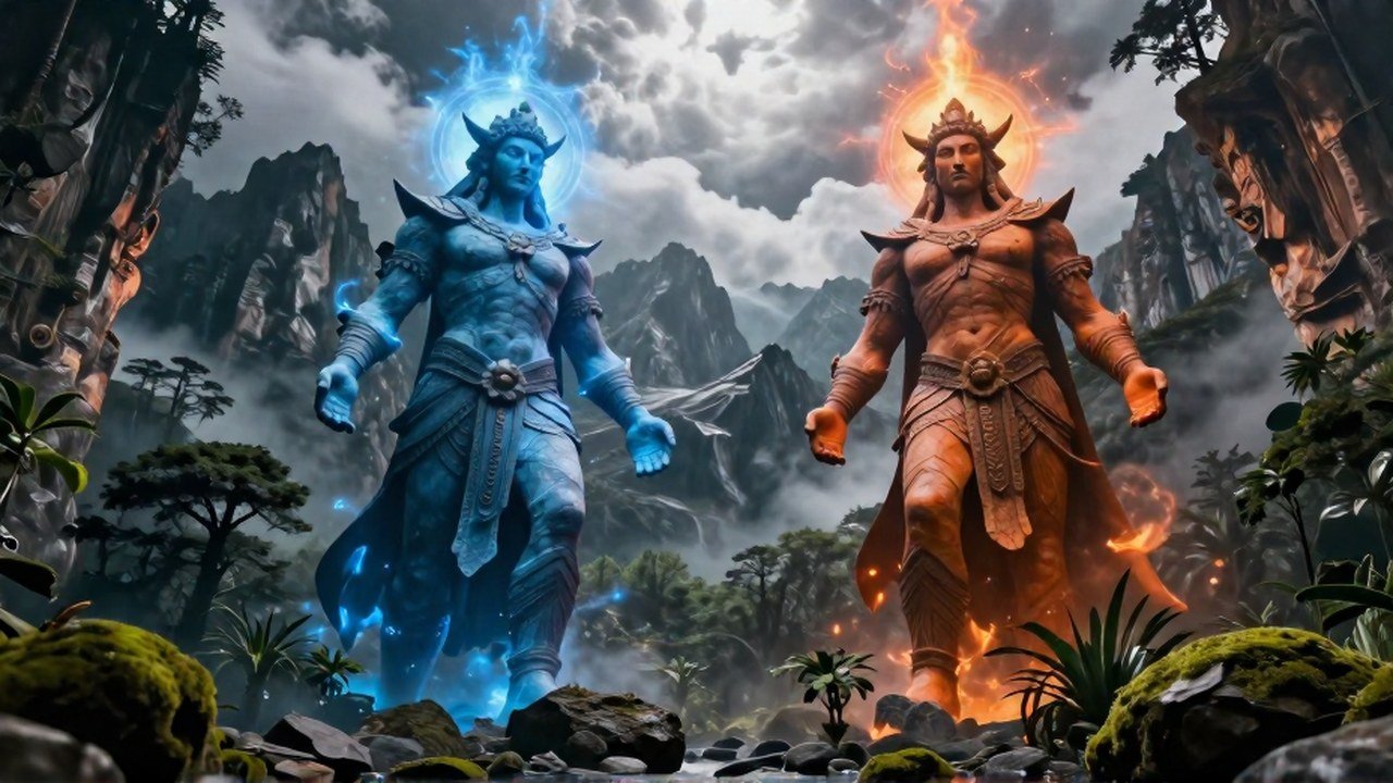 Dos figuras elementales monumentales, una azul y otra terrosa, en un vasto paisaje montañoso.