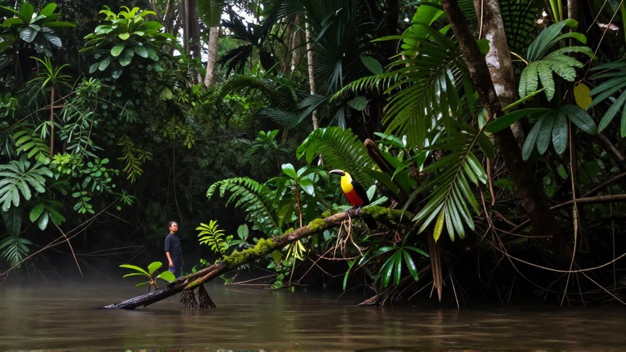 Figura solitaria y pájaro vibrante en la densa vegetación de la jungla surinamesa.