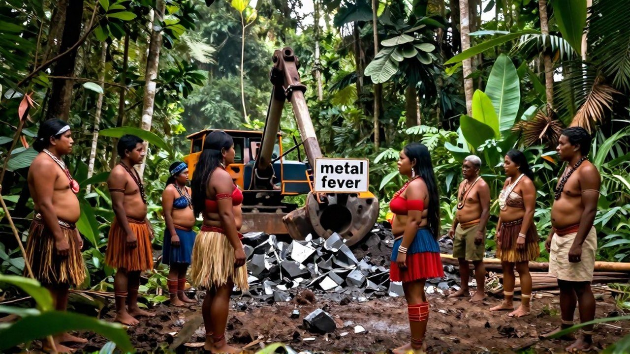 Comunidad Waiapi en la selva amazónica defienden su ecosistema frente a maquinaria de minería.