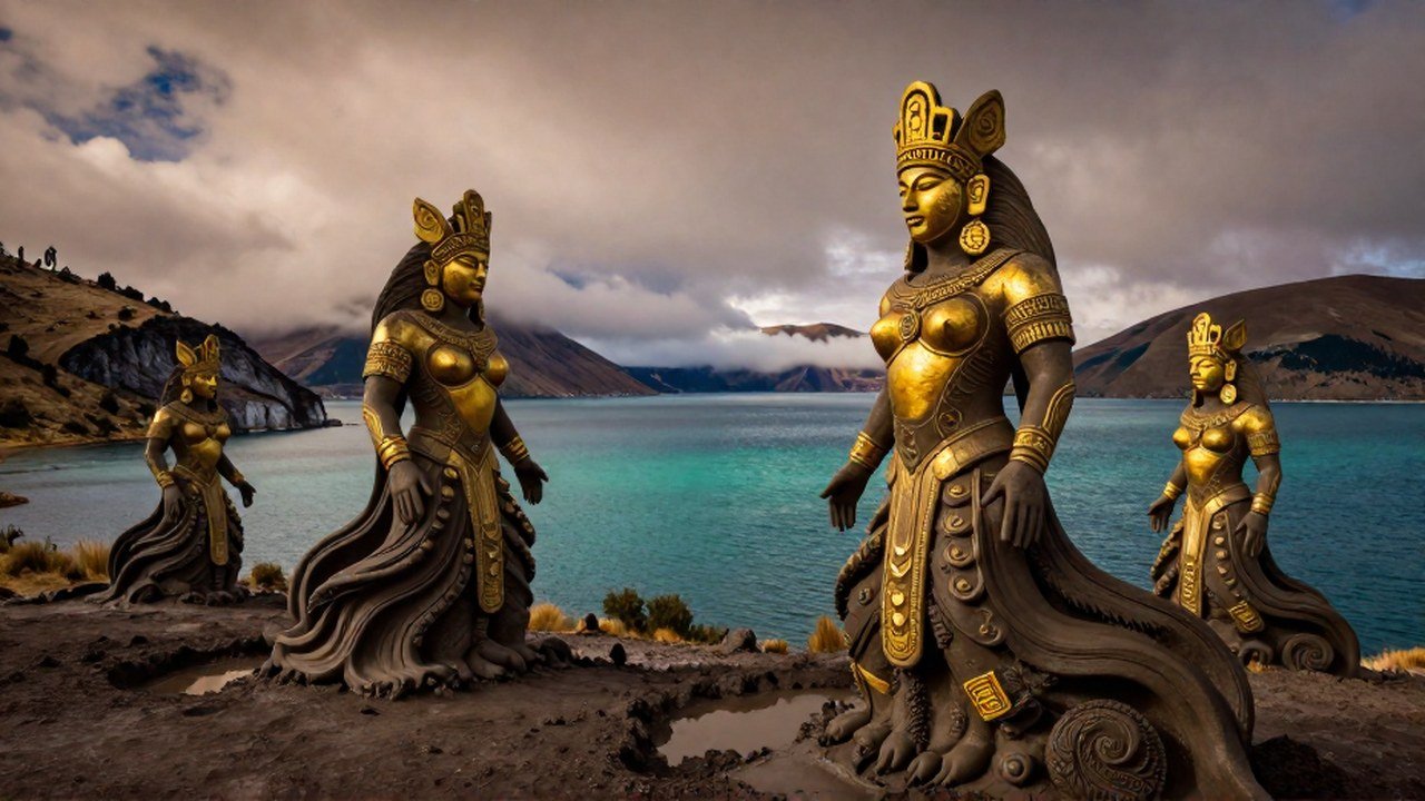 Los guardianes míticos andinos, hechos de tierra y oro, emergen cerca del Lago Titicaca.